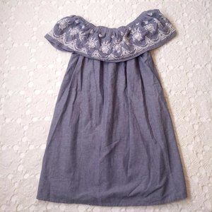 Large XL Chambray Off Shoulder Shift Dress Embroidered Ruffle Chest Pull Over